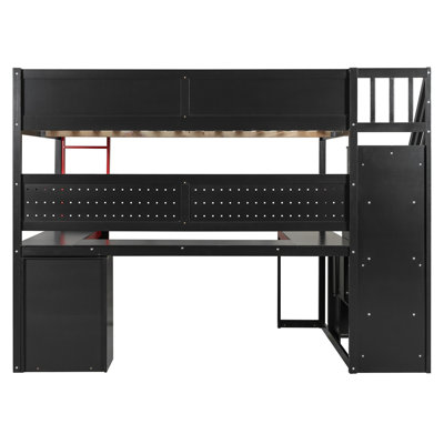 Full Size Wooden Gaming Loft Bed with Storage Stairs, Desk, Shelves & Pegboard