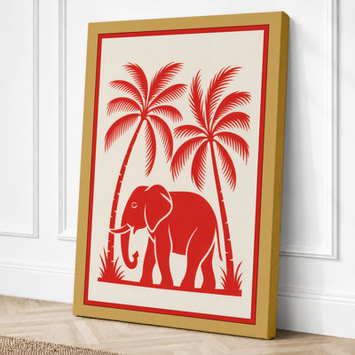 Red Elephant Under Palms Tropical 1 Piece Wrapped Canvas Wall Art