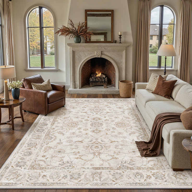 Tapis de style oriental classique pour le salon Aveline, Rectangulaire 8 pi x 10 pi, Beige