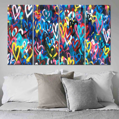 Impression sur toile colorée avec cœurs colorés Banksy, impression sur toile 4P