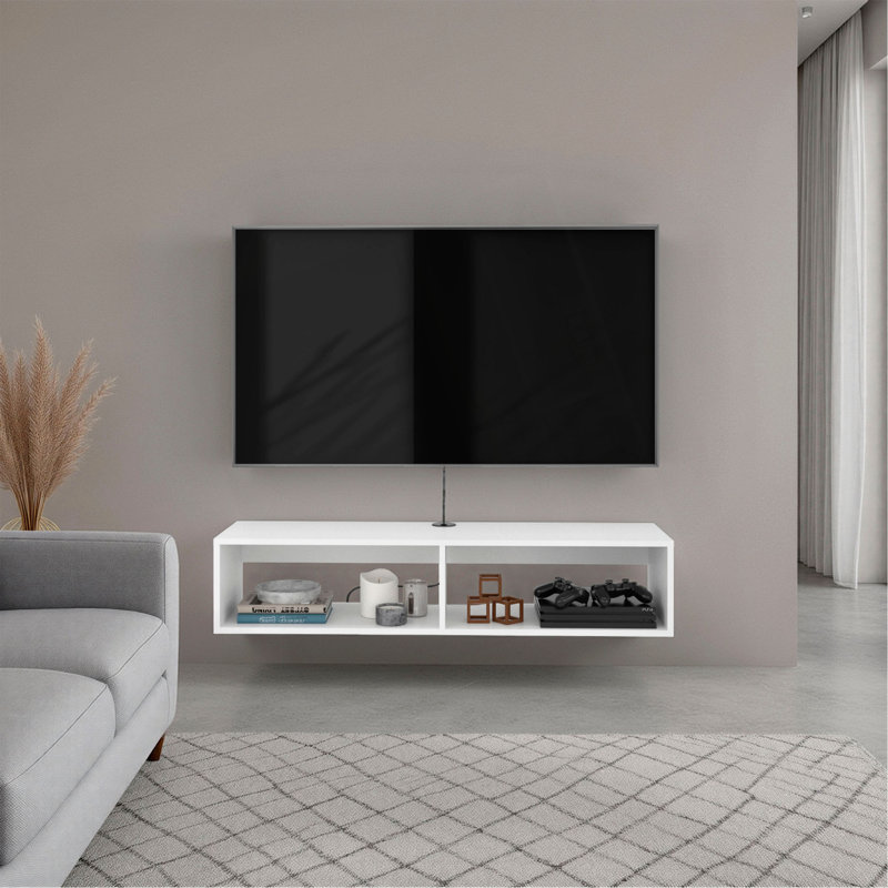 Meuble télé arctique blanc avec tablettes ouvertes pour rangement, design moderne