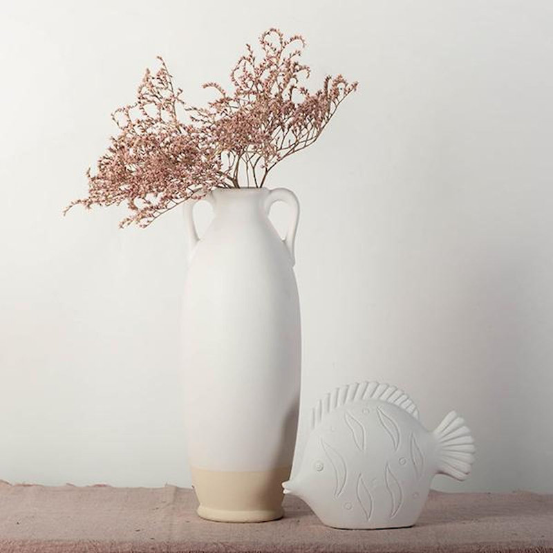 Vase de table en céramique Argentino, Blanc / Beige, H 17,75 po x l 6,50 po x P 6,50 po