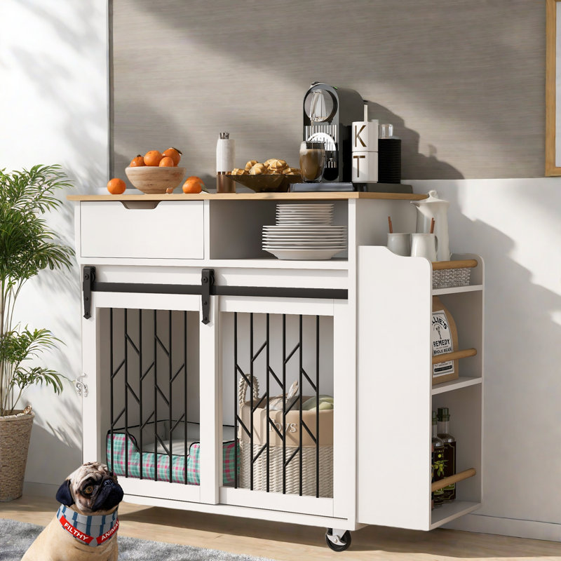 Îlot de cuisine mobile moderne avec un tiroir, une armoire avec portes coulissantes, une tablette ouverte, des tablettes latérales et un abattant
