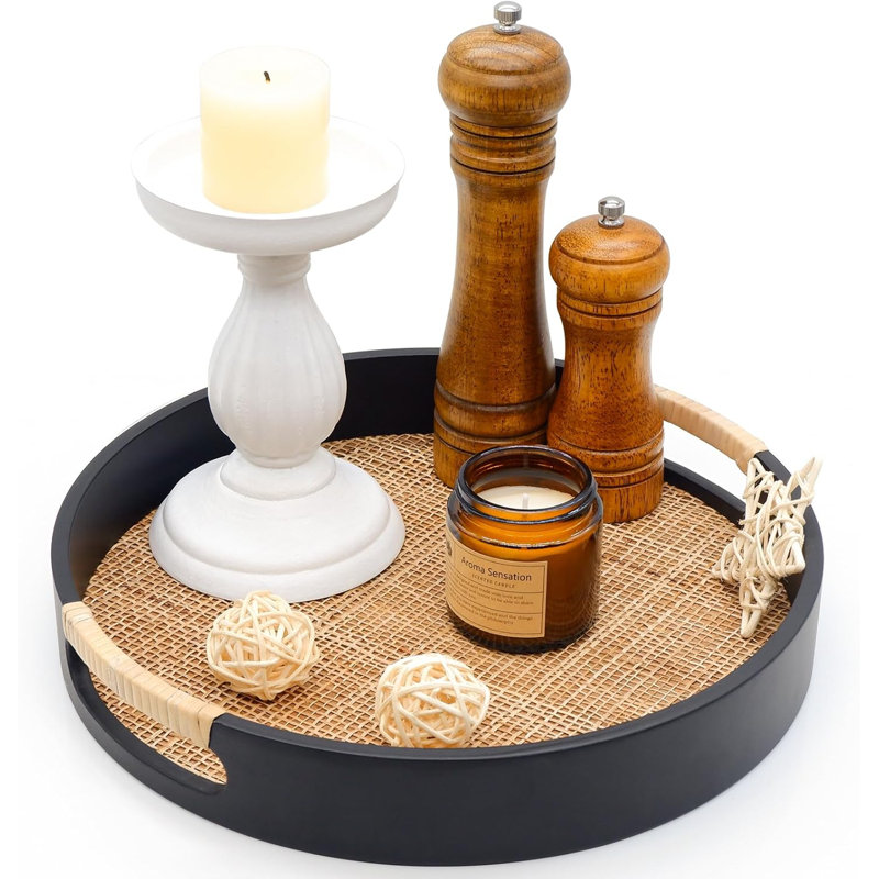 11.8'' Round Decorative Tray, Wood Serving Tray With Handles (black)