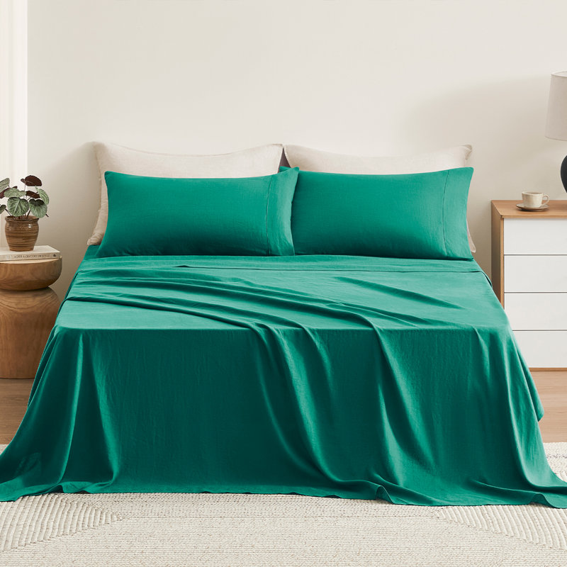 TOSMO Pure Linen Sheets, Queen Sheet Set with 2 Pillowcases, Teal