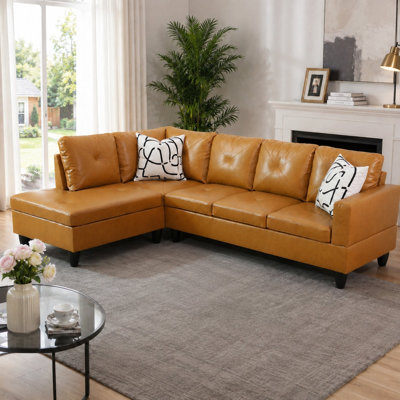 Caramel Faux Leather L-Shaped Sectional Sofa For Living Room