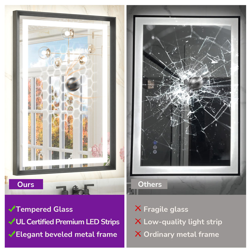 Dineen Front and Backlit LED Tempered Glass Vanity Mirror, Black, 60" x 36"