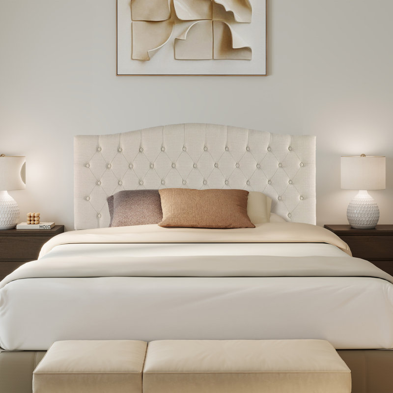 Button-Tufted Upholstered Headboard with Wall-Mount Option, Ivory Linen, Full / Queen