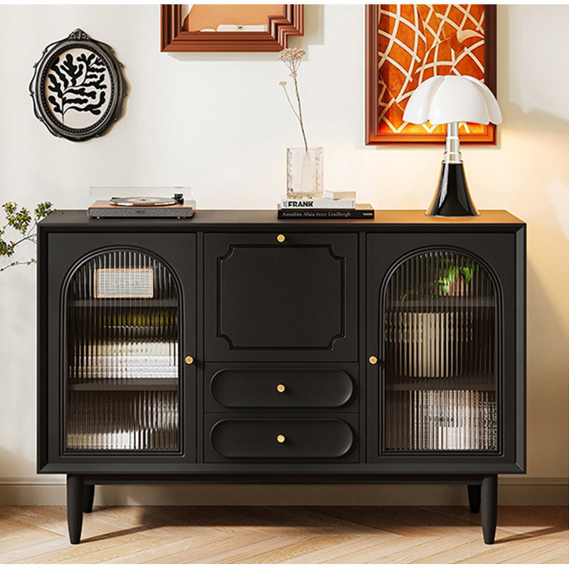 Buffet multifonction en bois massif de style scandinave, Noir, 37.4" H x 59.1" W x 15.7" D