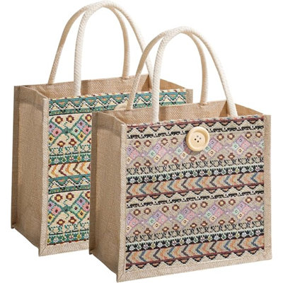 Women Tote Bag,2Pcs Jute Casual Tote's Handbag Embroidered Personalized Bento Bag,Reusable Grocery Bags Shopping Bags