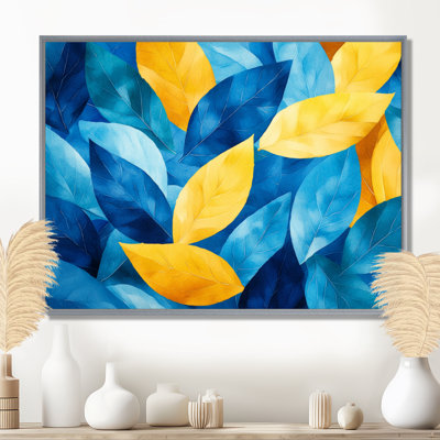 Bleu et jaune, feuilles numériques, feuilles II - art mural floral grand