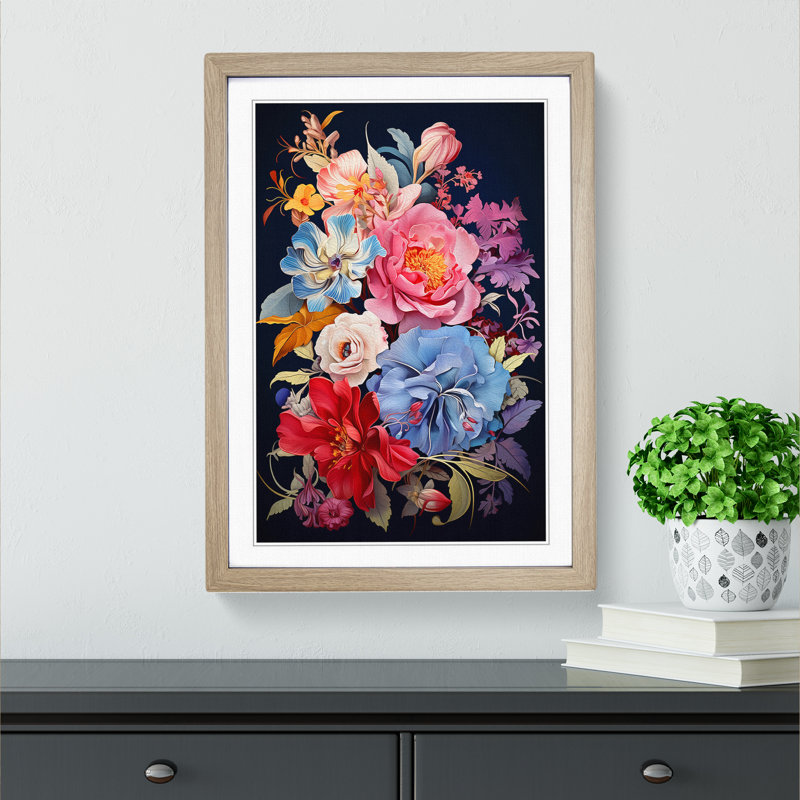 Floral Art Deco - Framed Print, 34cm H x 25cm W x 2cm D, Oak