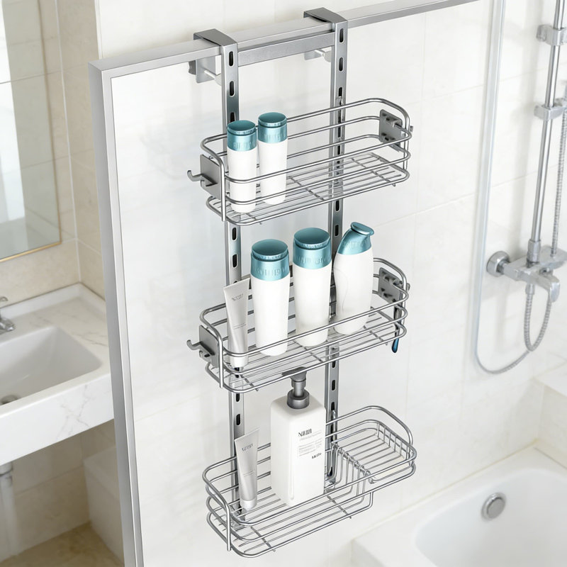 Organisateur de panier de douche au-dessus de la porte avec paniers et crochets suspendus, tablette de rangement de salle de bain réglable sans perceuse pour bouteilles de shampooing et serviettes