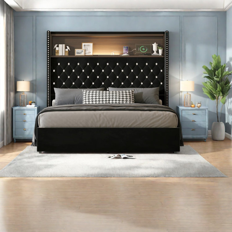 Luxurious Velvet Bed With Storage Shelf And Usb Port, Modern Black Design