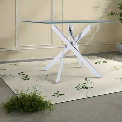 Table de salle à manger moderne en verre, structure en métal, élégante pour un usage domestique