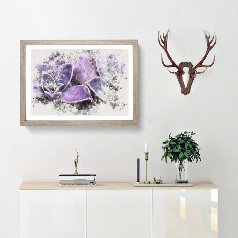 Lilac & Green Succulent Plant - Framed Print, 40cm H x 60cm W x 2cm D, Oak Framed