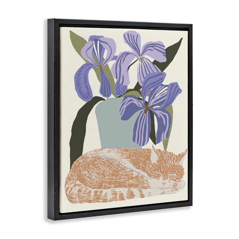 Cadre flottant Modern Cat & Iris Plant, design par Hannah Beisang, Cadre flottant noir de jais, H 21 po x l 17 po