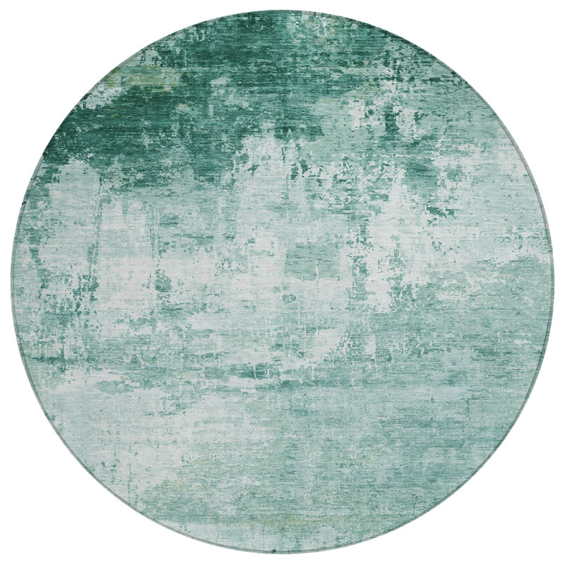 Machine Washable Indoor/Outdoor Xhevrie Aqua Rug, Round 8'