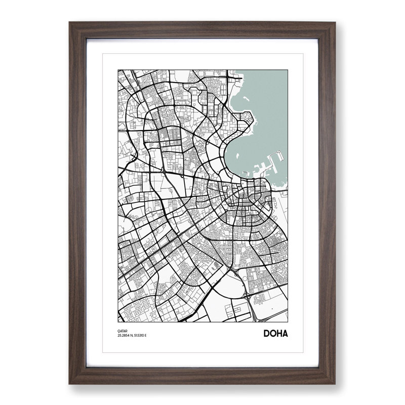 Map Doha Qatar - Picture Frame Graphic Art, Walnut Framed, 36cm H x 27cm W x 2cm D