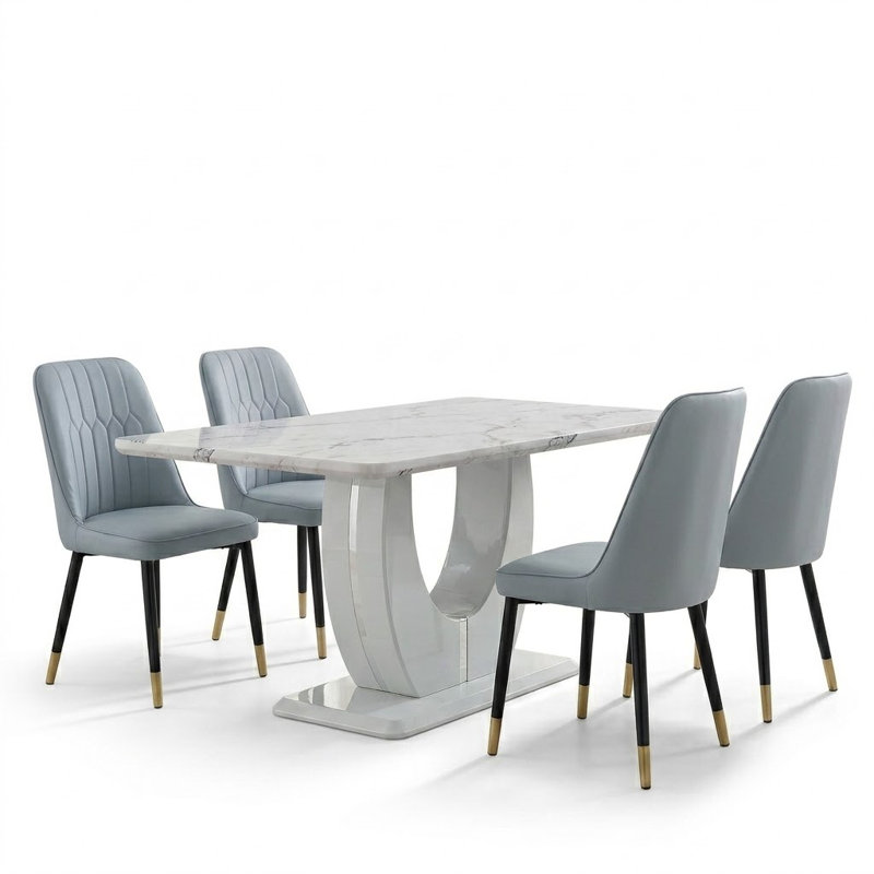 5-Piece Modern Rectangular 63" Faux Marble Dining Table Set with Upholstered Chairs, Light Gray, White