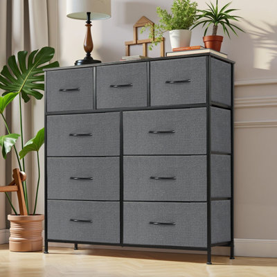 Commode 9 tiroirs, commode avec tiroir large 39,4 po, tissu facile à tirer et commode en bois avec plateau