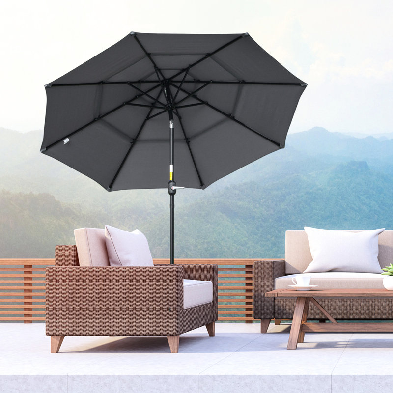 Parasol de marché extérieur gris foncé de 9 pi 3 po avec manivelle et bouton-poussoir inclinable pour terrasse de jardin gris avec paire de patios