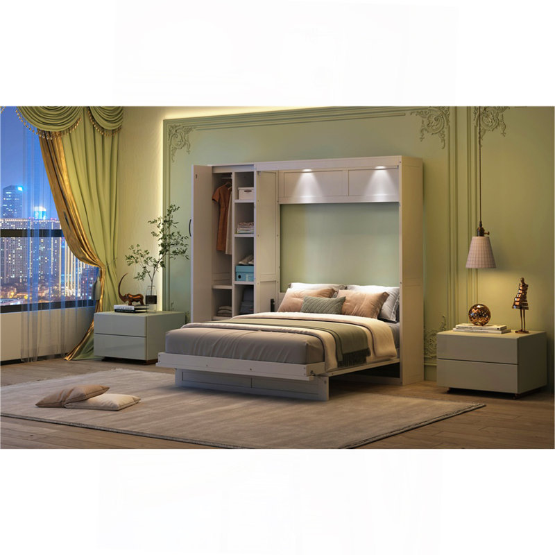 Lit escamotable double pleine grandeur avec tablettes, garde-robe et lumières DEL, blanc, Lit double, Blanc