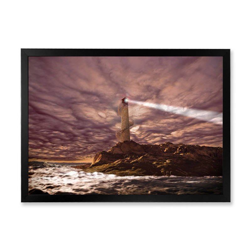 Phare brillant pendant la nuit orageuse I - photographie sur toile, H 24 po x l 32 po x 1,5 po, Toile avec cadre noir