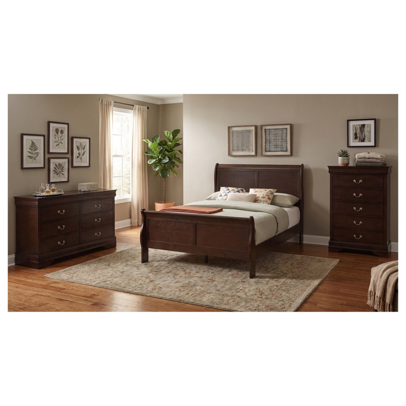 Ensemble de chambre à coucher 3 pièces Henri Charles Cappuccino comprenant un lit traîneau, une commode et une commode haute.