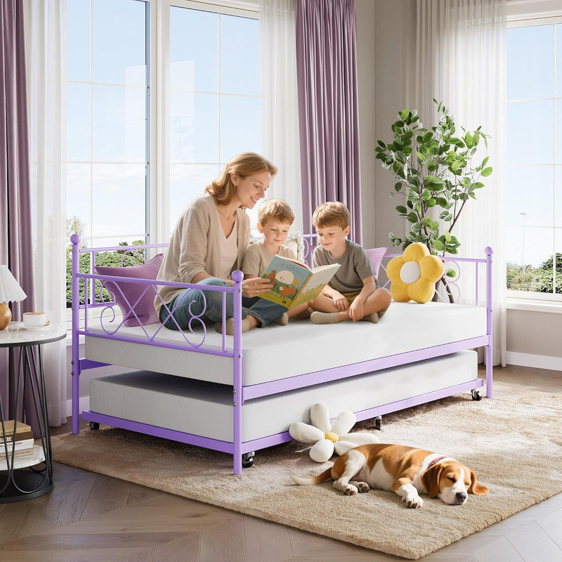 Daybed with Trundle, Twin Metal Bed with Heart Headboard & Steel Slat Support for Bedroom & Living Room, Purple