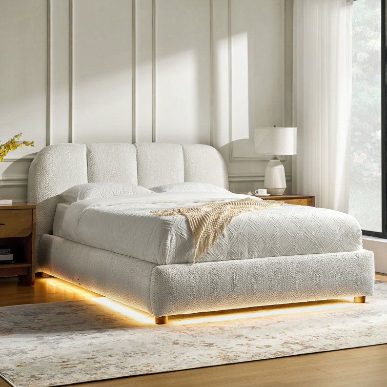 Silvana Modern Upholstered Platform Bed with Built-In Sensor Lighting and Solid Wood Legs