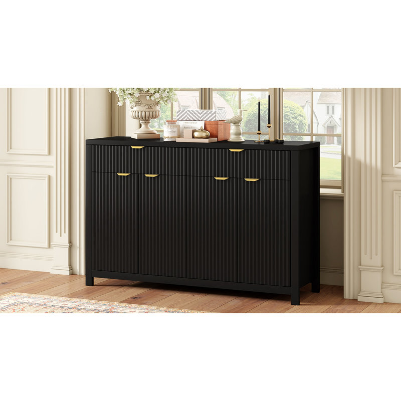 Buffet U_STYLE moderne de 55,1 po avec 2 tiroirs et 4 portes, tablettes réglables, motif à vagues, poignées en aluminium, panneau de fibres à densité moyenne peint, rangement scandinave pour la salle à manger et le salon