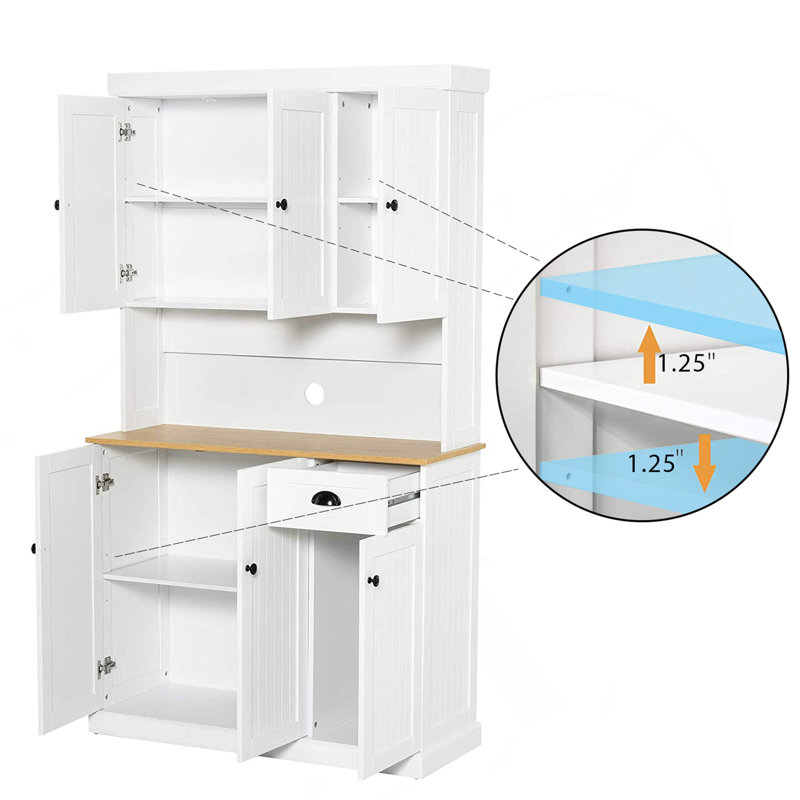 Armoire de rangement pour garde-manger 71 po avec comptoir de four à micro-ondes 71 po, armoire huche autoportante avec tablettes réglables, 6 portes et 1 tiroir - blanc