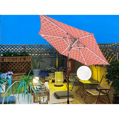 Parasol rond orange de 9 pi pour le jardin, rayures à DEL solaires, 6 nervures en acier, manivelle, inclinaison à bouton-poussoir, évent, parasol d'extérieur à auvent, lumières,