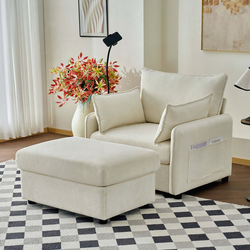 Chaise longue surdimensionnée de 55 po - Repose-pieds et rangement - Velours côtelé - Beige, Beige