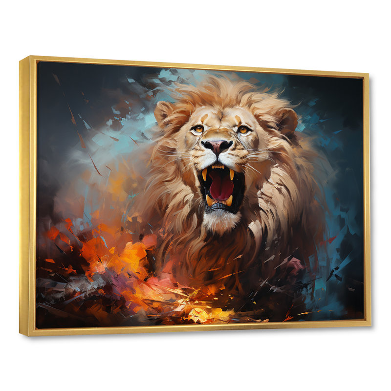 Lions, énergie indomptée sur toile, H 30 po x l 40 po x P 1,5 po, Cadre flottant doré