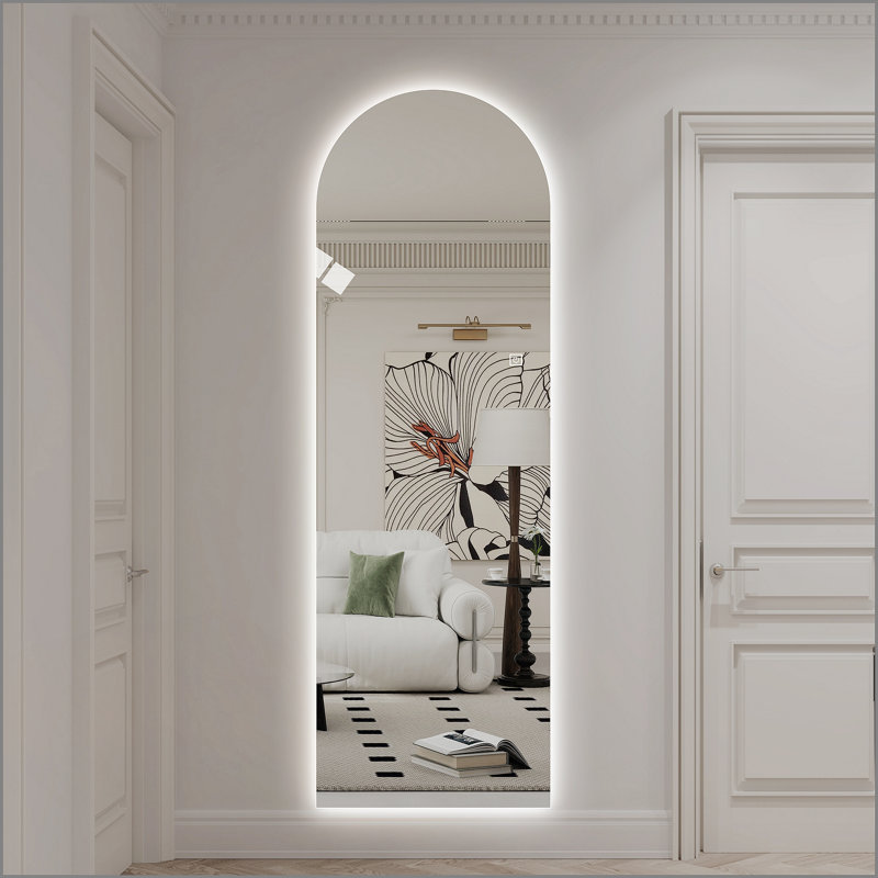 Miroir mural pleine longueur 65 po x 21 po DEL, conception à arche symétrique, éclairage à intensité variable 3 couleurs, incassable