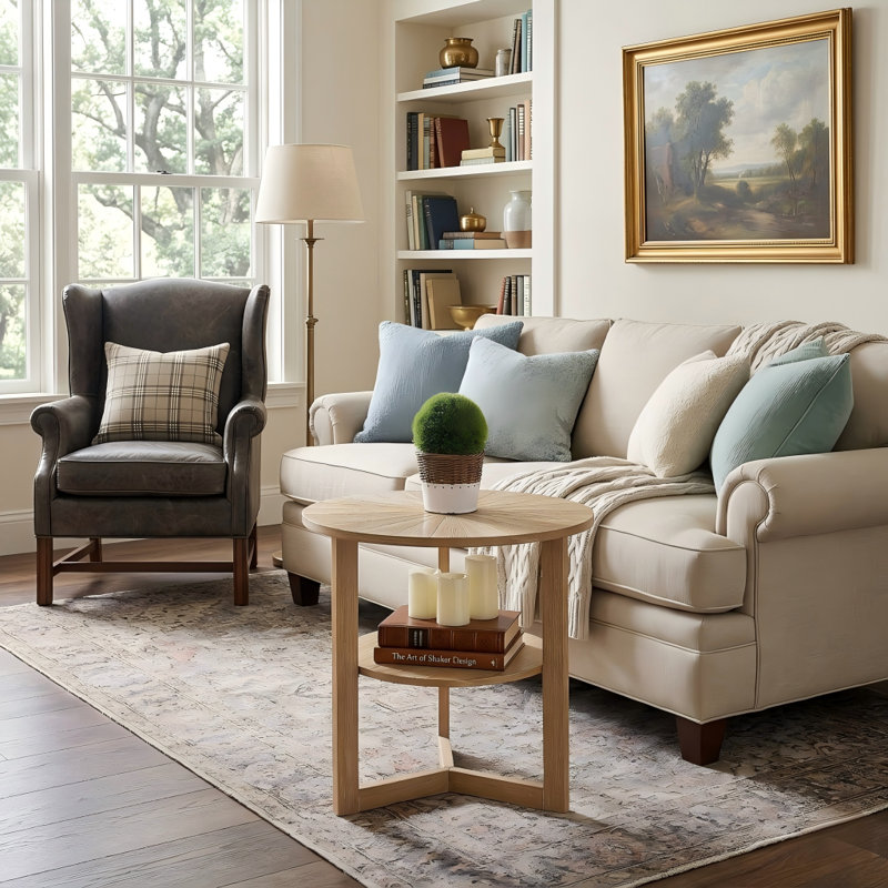 Round Two-Tiered Wooden End Table, Wood