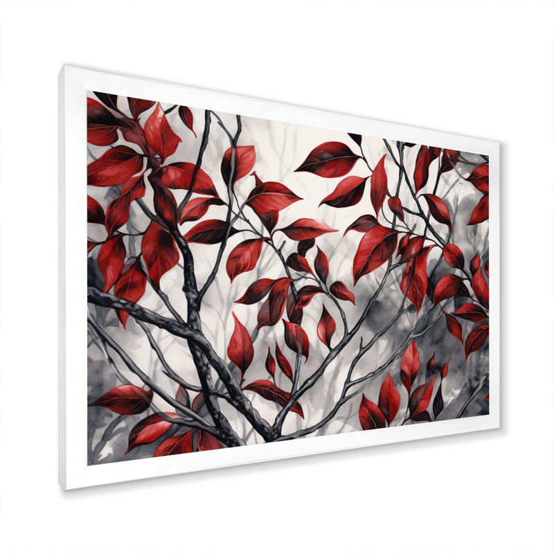 Imprimé de feuilles rouges et grises sur un arbre VI, H 30 po x l 40 po x P 1,5 po, Cadre simple blanc