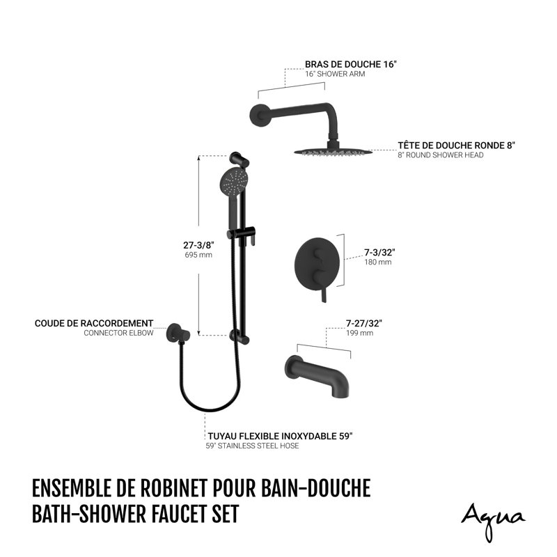 Ensemble de robinet de baignoire-douche noir mat, Noir mat