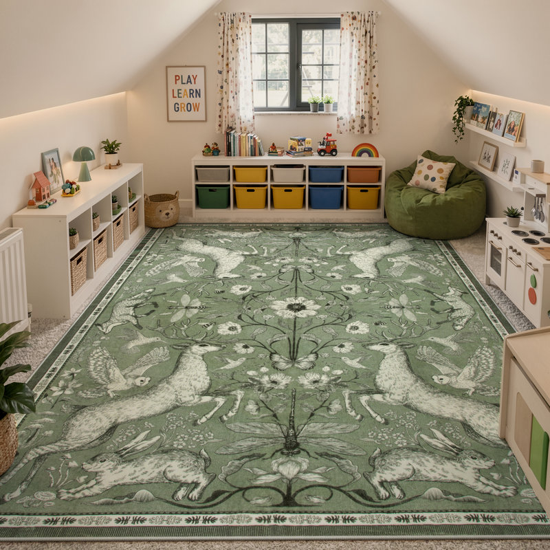 Goldene Morris Inspired Woodland Animal Washable Area Rug with Non-Slip Backing for Living Room, Bedroom and Kidsroom