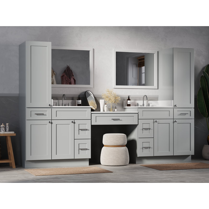 Disar 108'' Double Bathroom Vanity With Desk Linen Tall Cabinet Dovetail Solid Wood Drawer Carrara Quartz Top, Grey