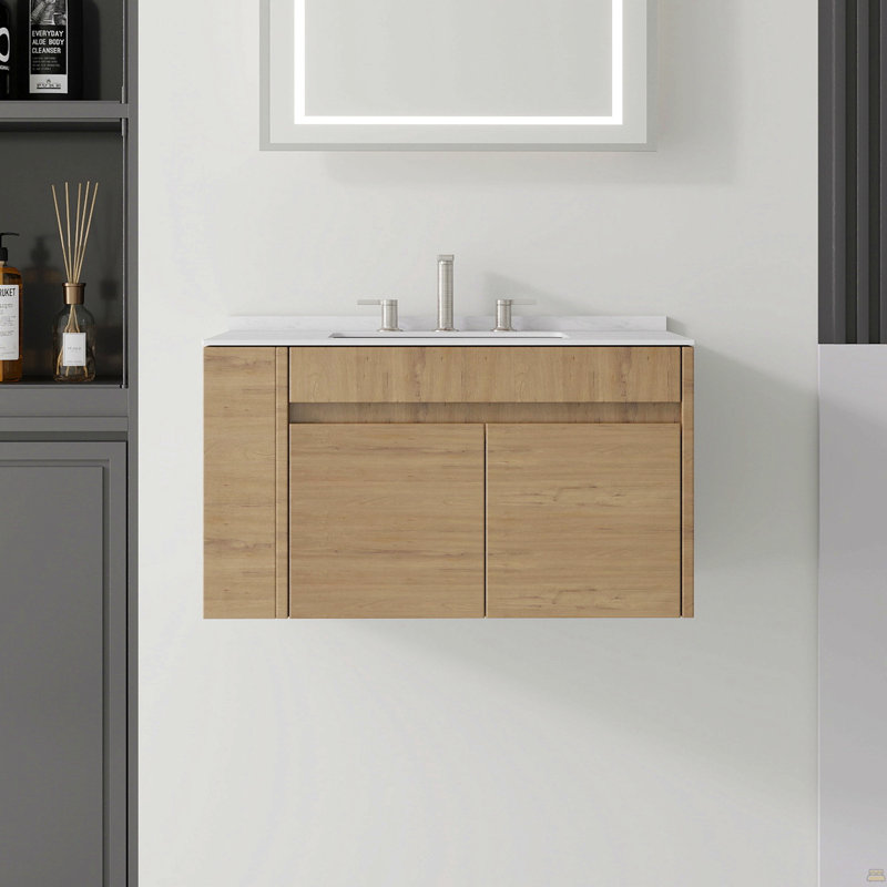 Meuble-lavabo flottant 30 po avec lavabo, porte à fermeture en douceur, comptoir et dosseret en marbre de culture blanc de Carrare de 0,6 po, contreplaqué, chêne