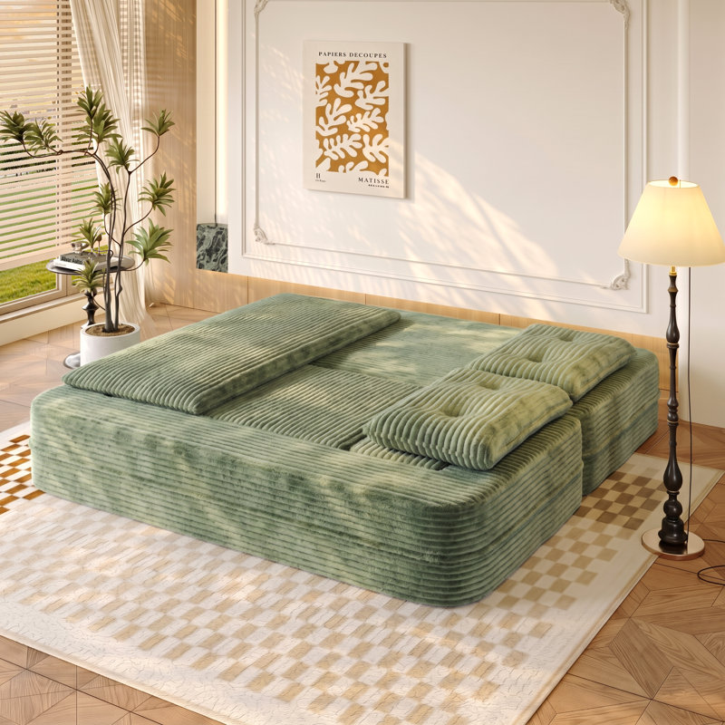 Boneless 80" King-Size Sleeper Sofa Bed Compression Convertible Couch Bed with Blanket, Green
