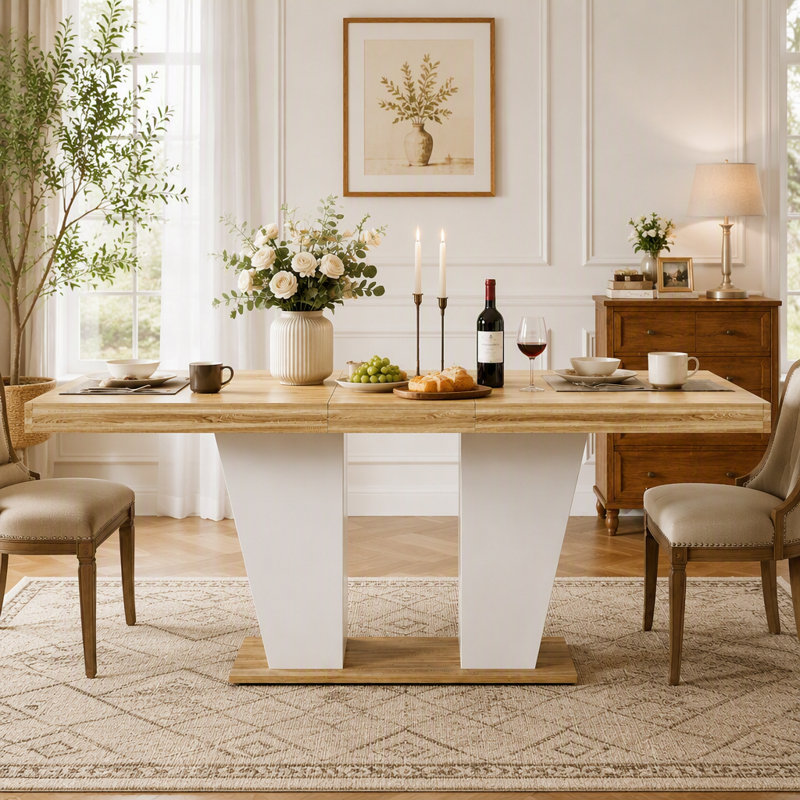 Table de salle à manger extensible 78,7 pouces avec tablettes de rangement latérales pour 8 à 10 personnes, Blanc