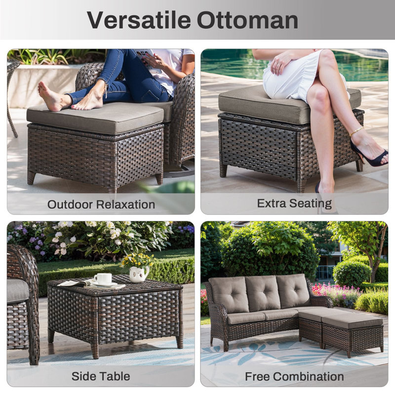 7 - Person Luxury Wicker Patio Furniture Set With Coffee Table & 6-Inch Extra-Thick Cushion Swivel Chairs, Side Table, Brown