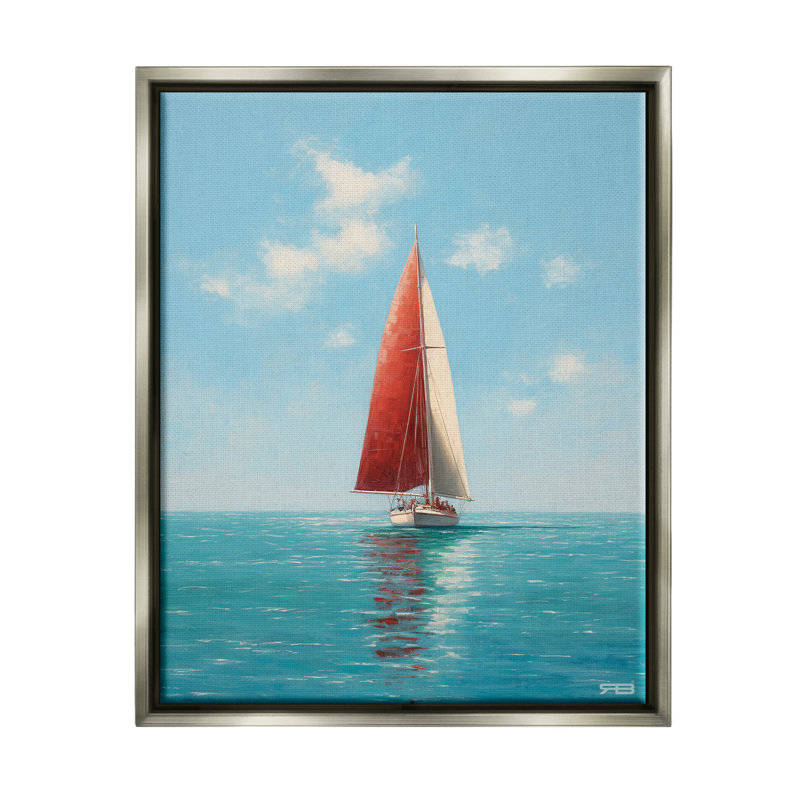 «Red Sailboat on Sea» par RB Floater, reproduction d'art sur toile, Cadre flottant gris lustré, H 20 po x l 16 po