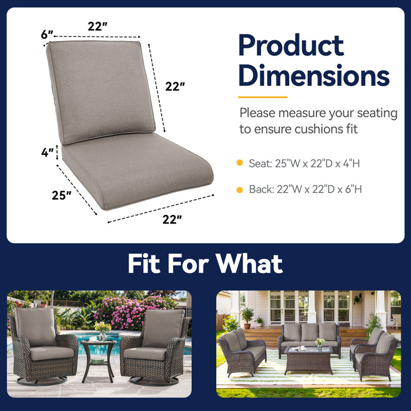 Outdoor Chair Cushions 22 x 25 x 4 Inch, Outdoor Replacement Cushion Set, Back & Seat Patio Cushions for Outdoor Furniture, Weather Resistant Patio Chair Cushions with Removable Cover