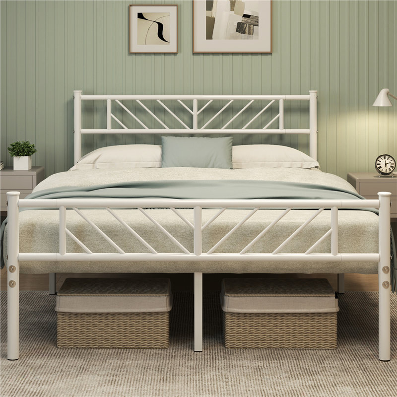 Minimalist Metal Slatted Bed Platform with Arrow Design Headboard, Double (4'6), White