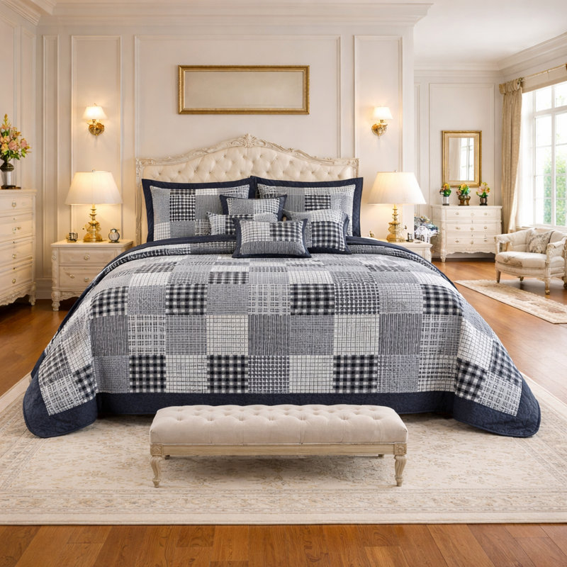 Polyester Patchwork Bedspread with Pillow Shams, King Bedspread + 2 Standard Shams